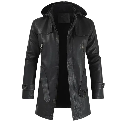 Mens Zane Front Button and Zippered Hooded Leather Coat
