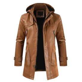 Mens Zane Front Button and Zippered Hooded Leather Coat