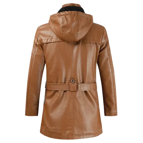 Mens Zane Front Button and Zippered Hooded Leather Coat