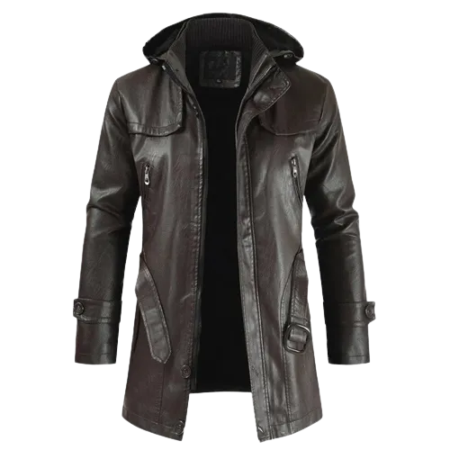 Mens Zane Front Button and Zippered Hooded Leather Coat