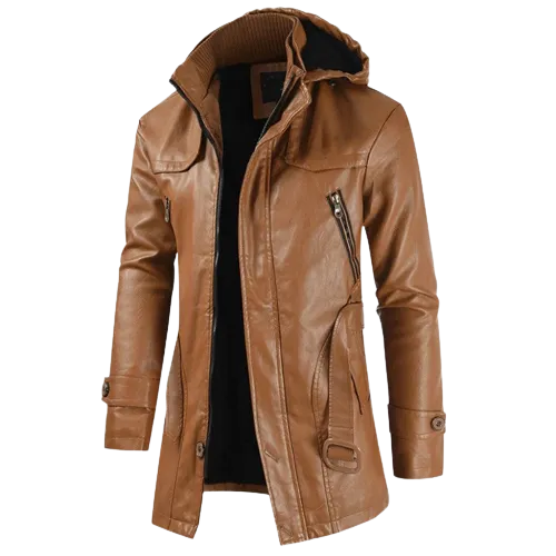Mens Zane Front Button and Zippered Hooded Leather Coat