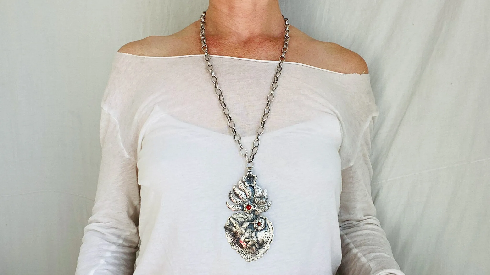 Mexican Sacred Heart Necklace. Sterling Silver & Coral.