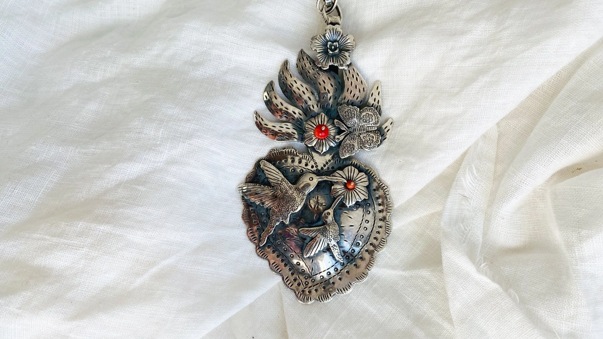 Mexican Sacred Heart Necklace. Sterling Silver & Coral.