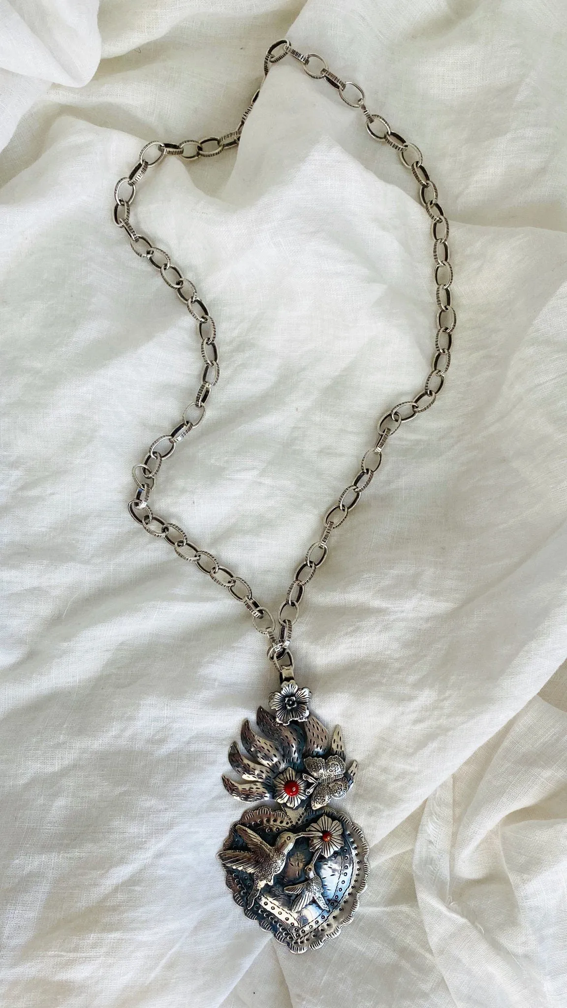 Mexican Sacred Heart Necklace. Sterling Silver & Coral.