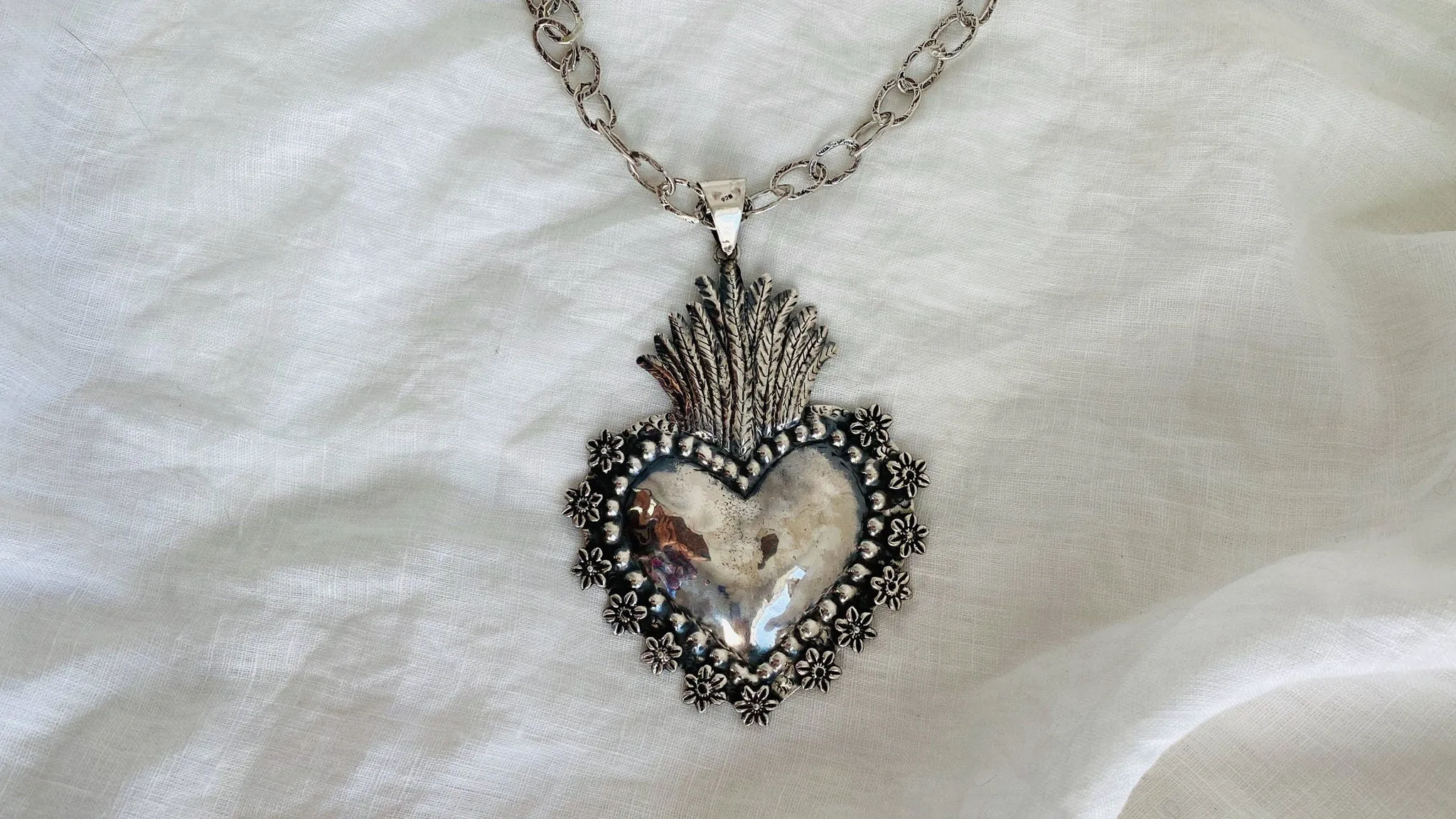 Mexican Sacred Heart Necklace. Sterling Silver.