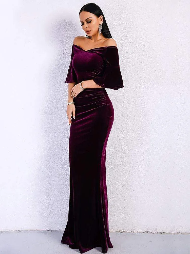 Off Shoulder Velvet Bell Sleeve Elegant Bodycon Dress
