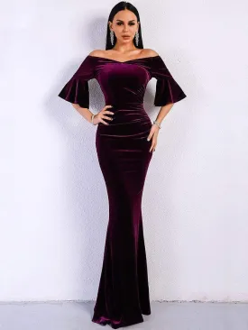 Off Shoulder Velvet Bell Sleeve Elegant Bodycon Dress