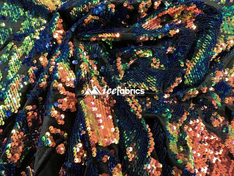 Orange Iridescent on Black Velvet Iridescent 2 Way Stretch Embroider Sequins Fabric On Velvet By The Yard
