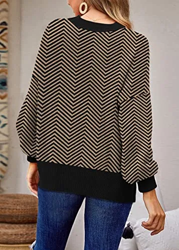 Oversized Sweaters for Women 2023 Trendy Fall Crew Neck Lantern Sleeve Striped Side Slit Knit Pullover Jumper Tops