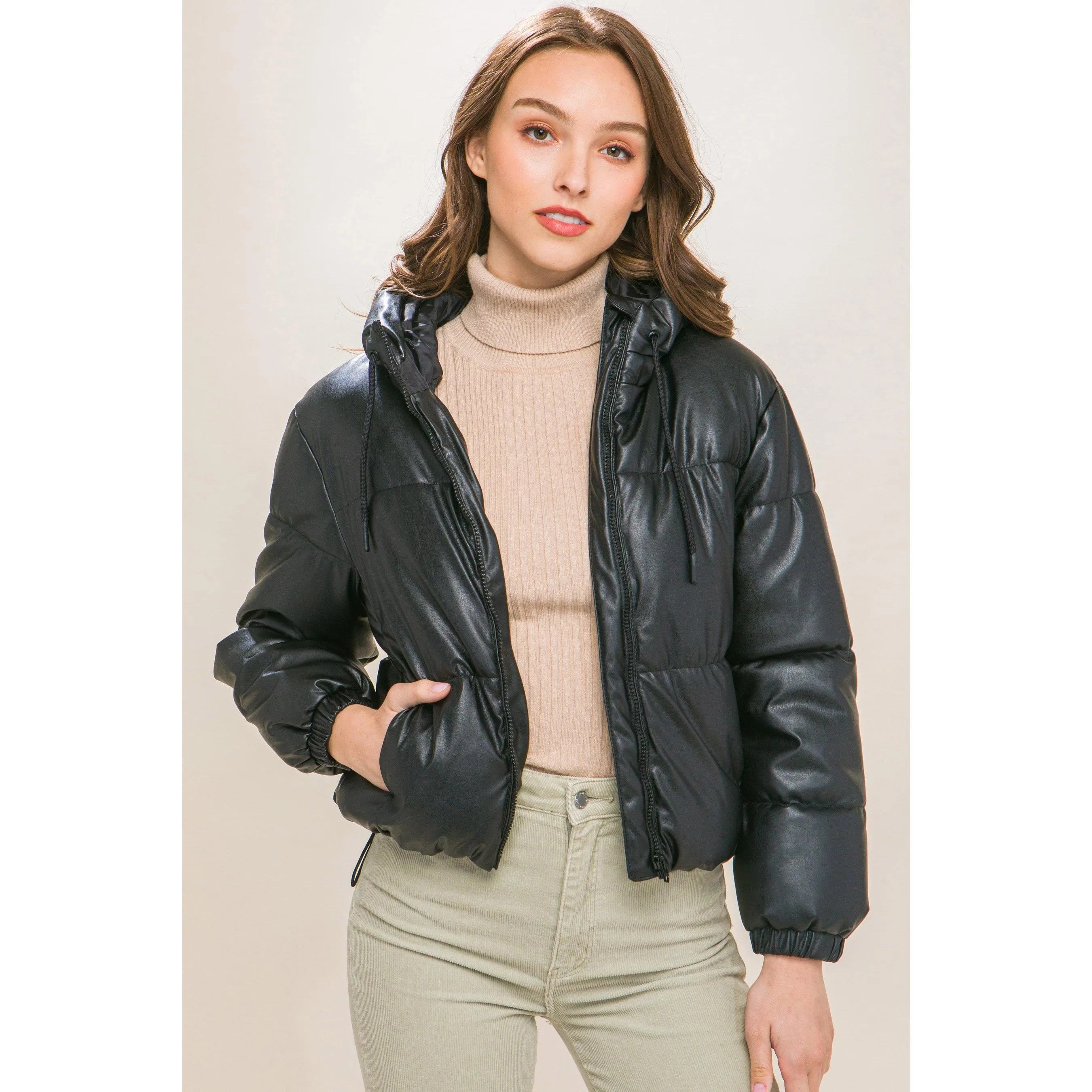 Pu Faux Leather Zipper Hooded Puffer Jacket