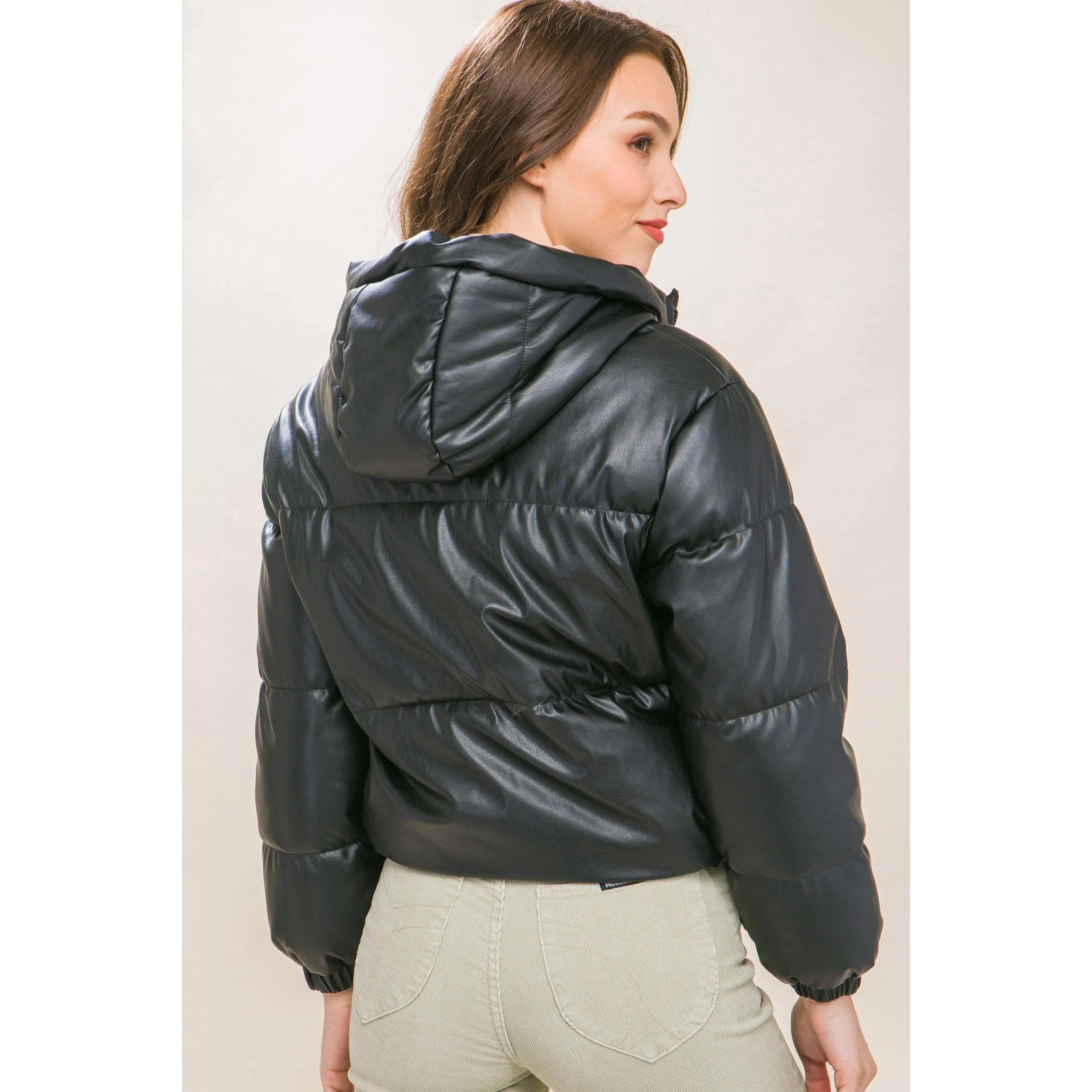Pu Faux Leather Zipper Hooded Puffer Jacket