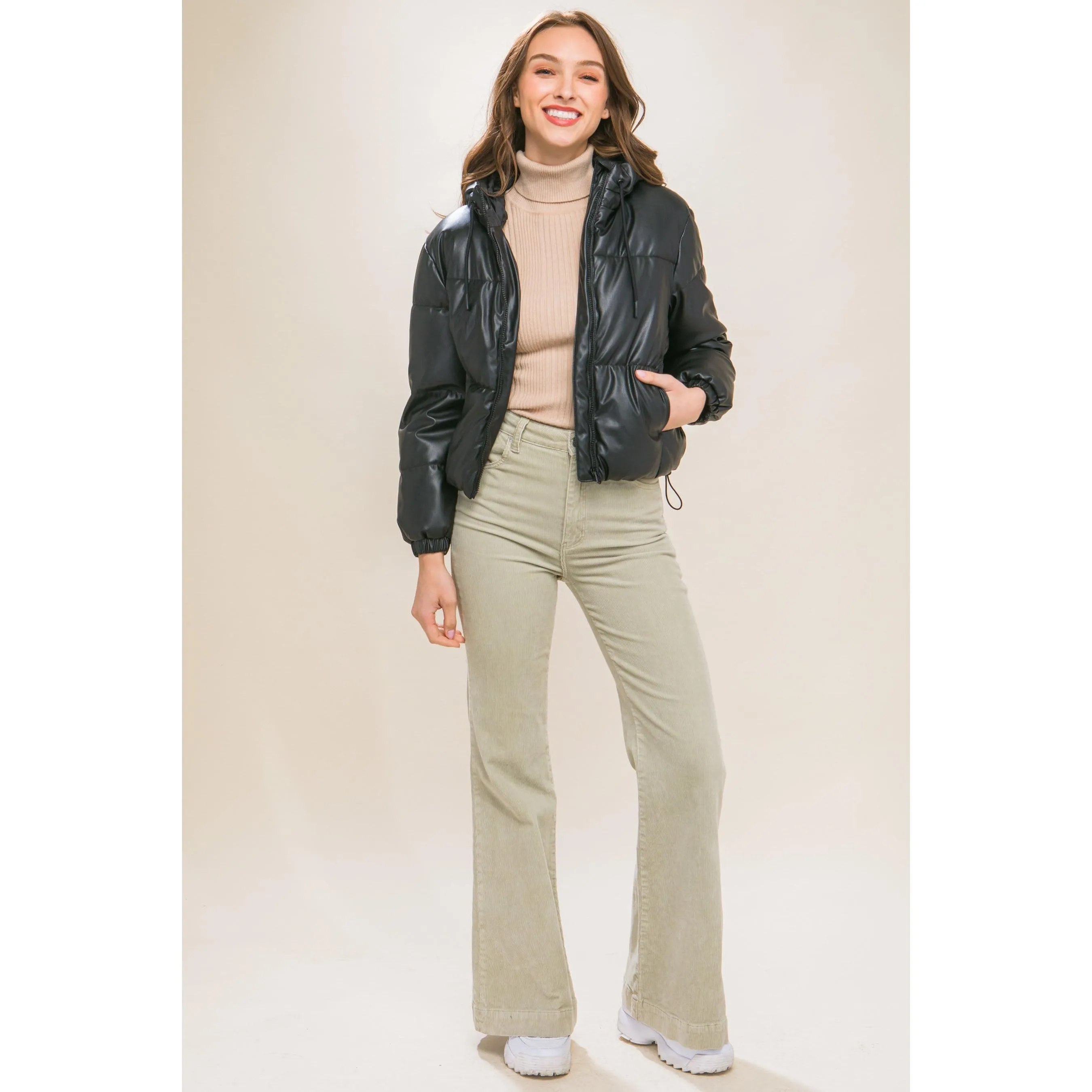Pu Faux Leather Zipper Hooded Puffer Jacket