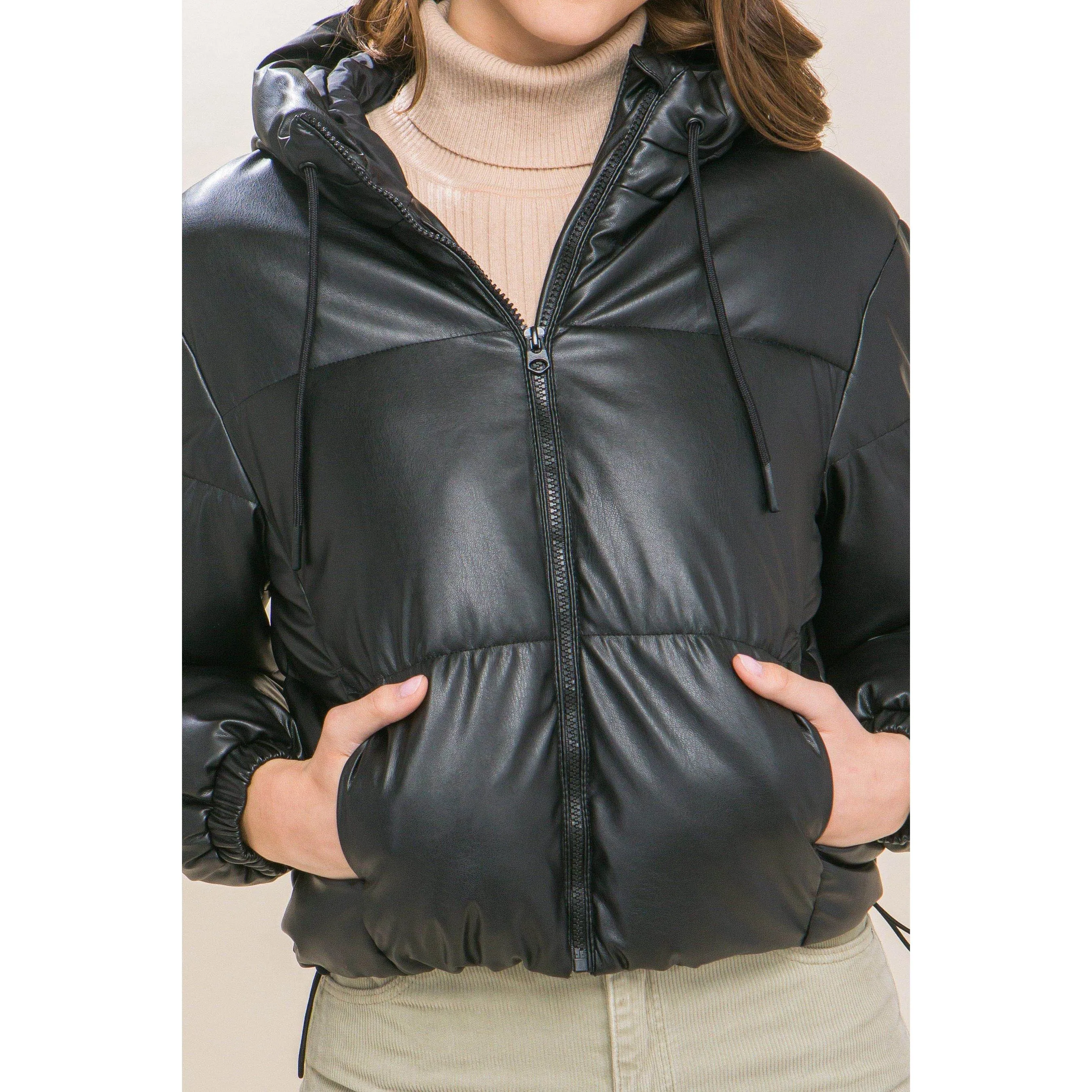 Pu Faux Leather Zipper Hooded Puffer Jacket