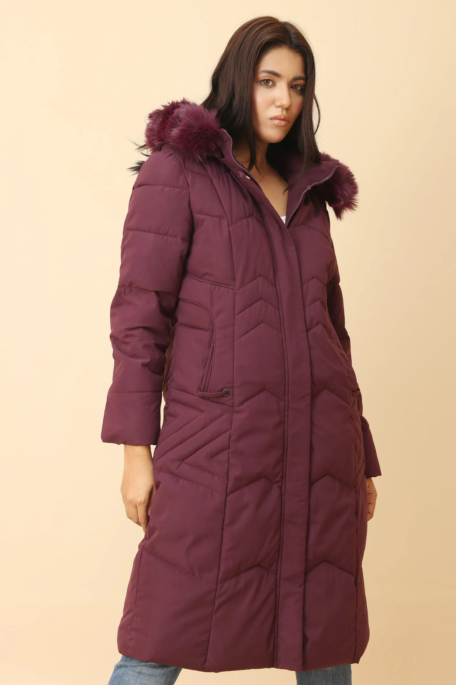 QUILTED LONGLINE JACKET-MAROON