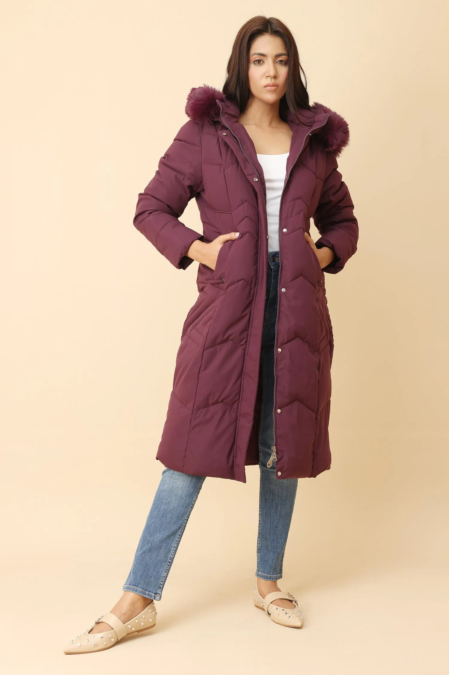 QUILTED LONGLINE JACKET-MAROON