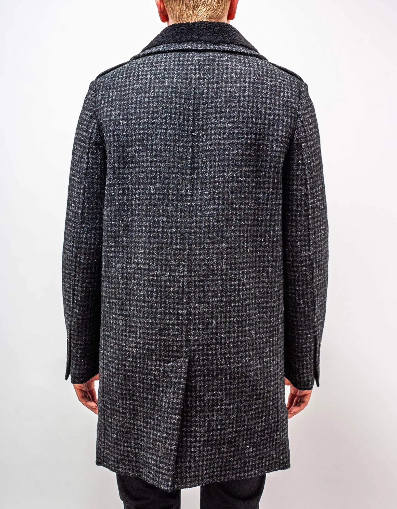 Saint Laurent Shearling Collar Houndstooth Check Coat