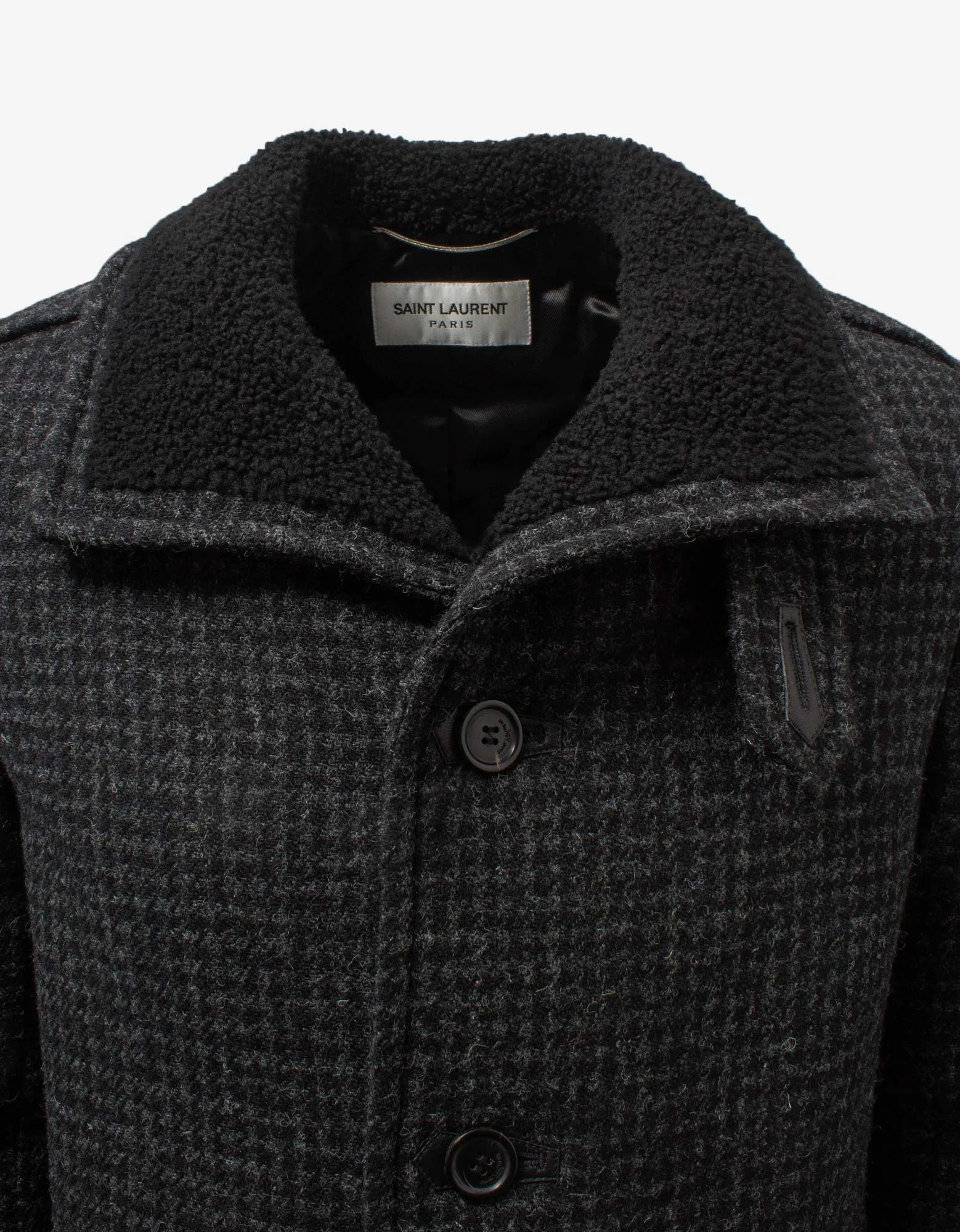 Saint Laurent Shearling Collar Houndstooth Check Coat