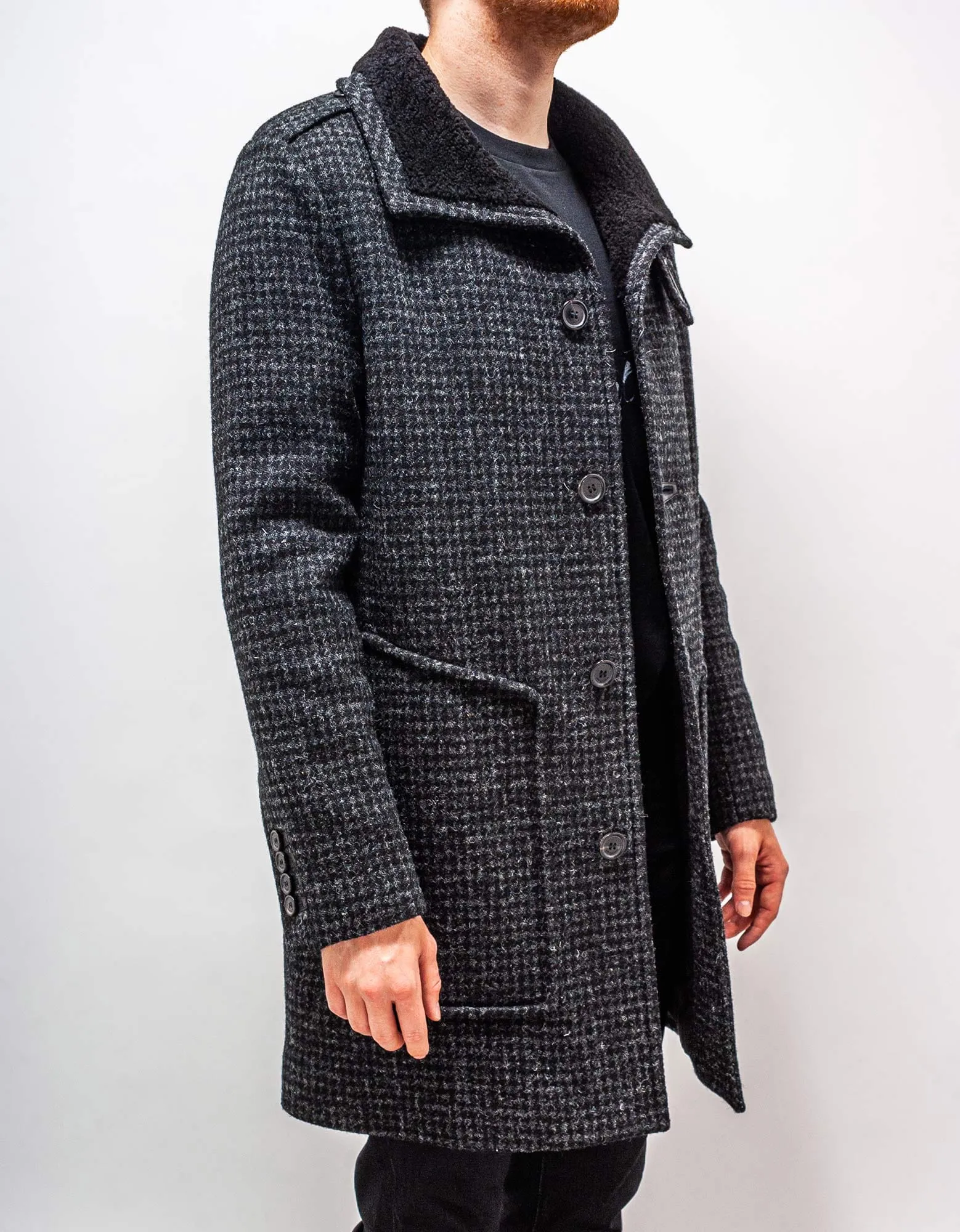 Saint Laurent Shearling Collar Houndstooth Check Coat