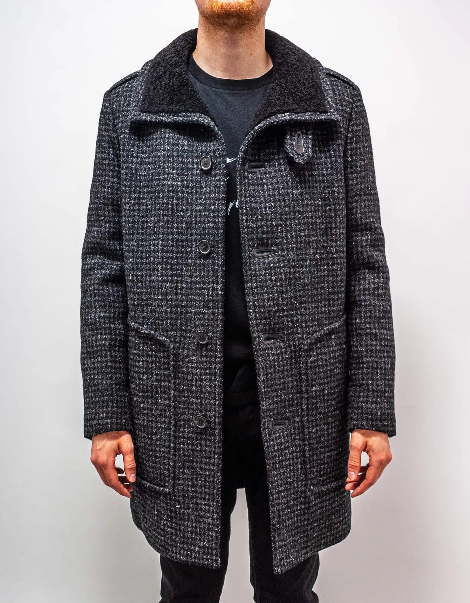 Saint Laurent Shearling Collar Houndstooth Check Coat