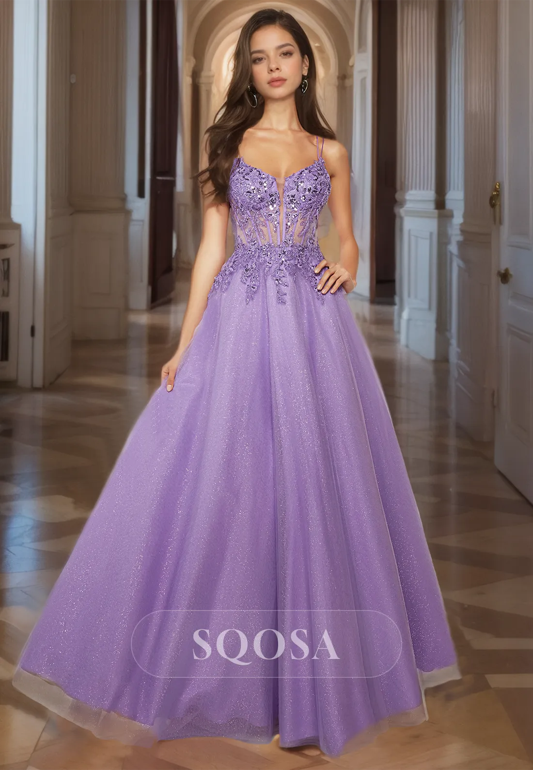 Scoop-Neck Spaghetti Straps A-Line Party Gowns Sleeveless Glitter-Knit Applique Floor-Length Prom Dress