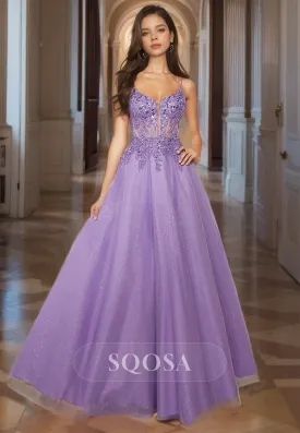 Scoop-Neck Spaghetti Straps A-Line Party Gowns Sleeveless Glitter-Knit Applique Floor-Length Prom Dress