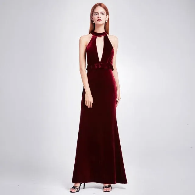 Sexy Velour High Split Evening Dresses Ever Pretty EP07181 Deep V Neck Design Elegant Velvet Evening Gowns New Arrival