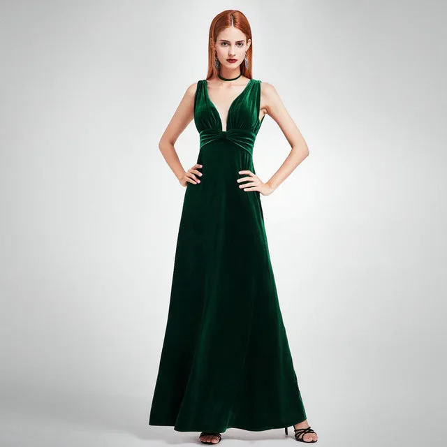 Sexy Velour High Split Evening Dresses Ever Pretty EP07181 Deep V Neck Design Elegant Velvet Evening Gowns New Arrival