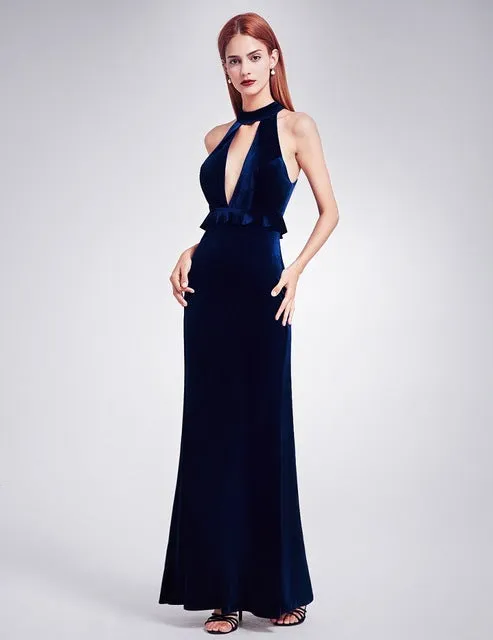 Sexy Velour High Split Evening Dresses Ever Pretty EP07181 Deep V Neck Design Elegant Velvet Evening Gowns New Arrival
