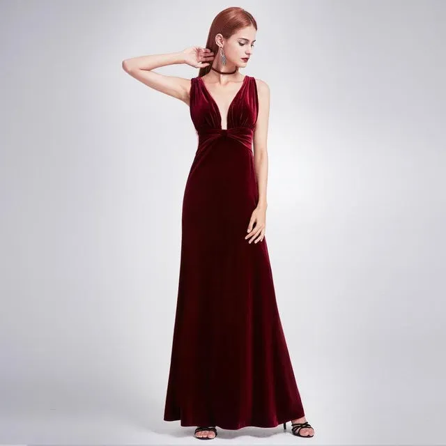 Sexy Velour High Split Evening Dresses Ever Pretty EP07181 Deep V Neck Design Elegant Velvet Evening Gowns New Arrival