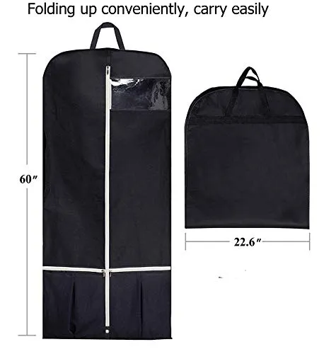 Sleeping Lamb Breathable 60" Dress Garment Bag with Zipper Shoe Pockets Trifold Hanging Clothes Storage Bags Cover for Long Dresses, Wedding Gown, Suits Black
