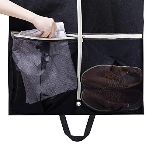 Sleeping Lamb Breathable 60" Dress Garment Bag with Zipper Shoe Pockets Trifold Hanging Clothes Storage Bags Cover for Long Dresses, Wedding Gown, Suits Black
