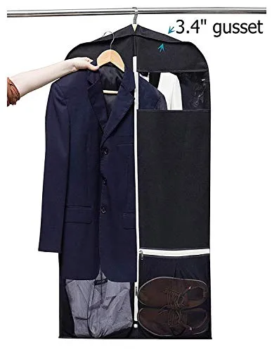 Sleeping Lamb Breathable 60" Dress Garment Bag with Zipper Shoe Pockets Trifold Hanging Clothes Storage Bags Cover for Long Dresses, Wedding Gown, Suits Black