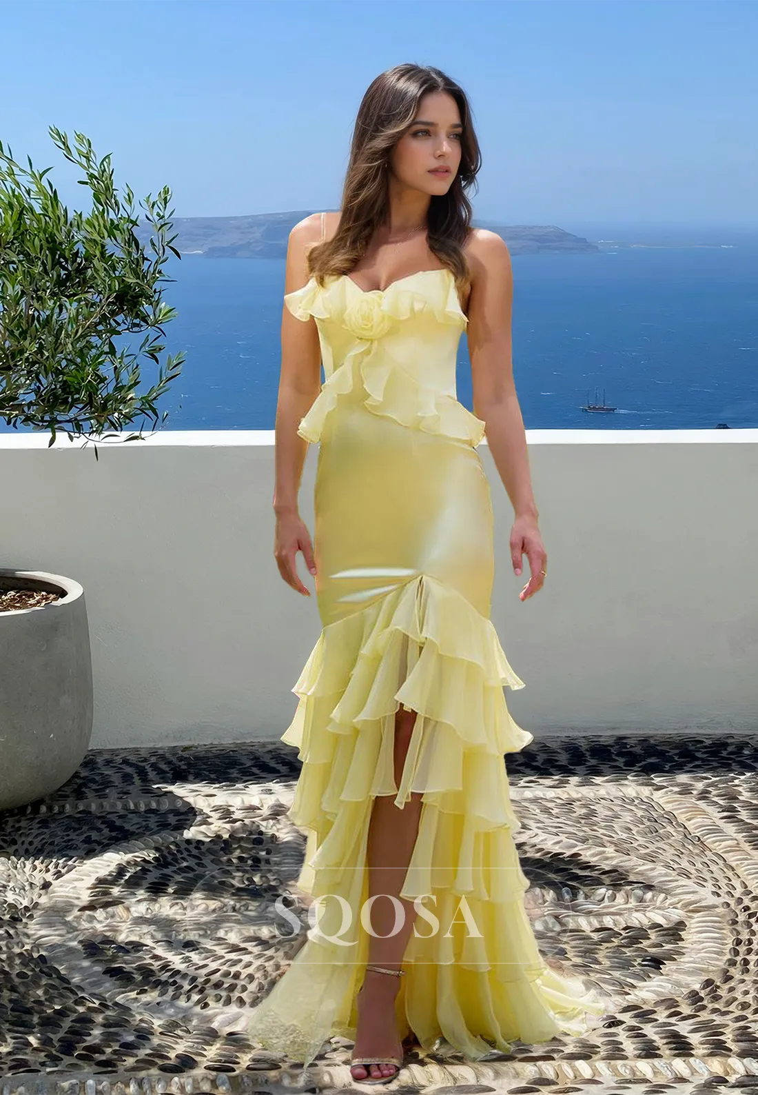 Spaghetti Straps Sweetheart Chiffon Party Gowns Sleeveless Tiered Ruffled Fitted Prom Dress