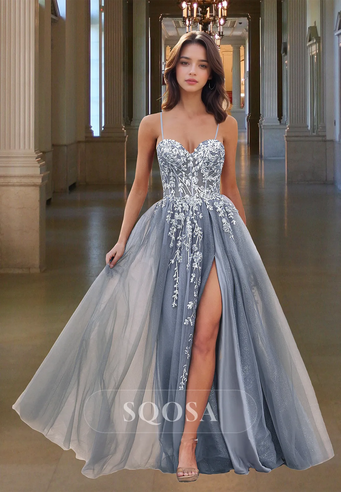 Spaghetti Straps Sweetheart Sleeveless Formal Gowns Lace Applique Glitter-Knit A-Line Prom Dress