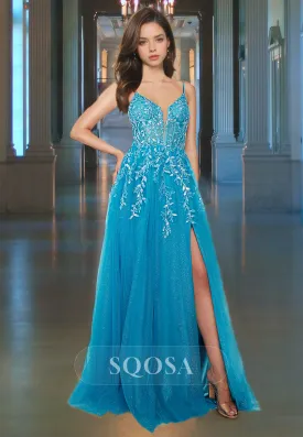 V-Neck Spaghetti Straps Applique A-Line Party Gowns Sleeveless Glitter-Knit Prom Dress with Slit