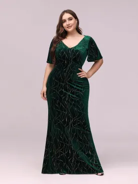 Vintage V Neck Bodycon Plus Size Velvet Evening Dresses for Party