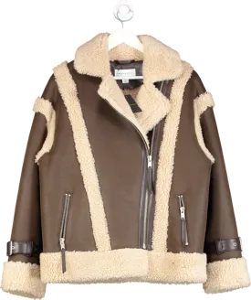 Warehouse Brown Wool Lined Shearling Biker Jacket UK 12