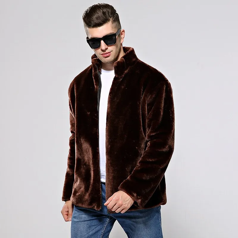Winter Faux Fur Coats Men  Winter Stand Collar Casual Fur Jackets Warm Windbreaker Zipper Men Fur Coat Size4XL XA151