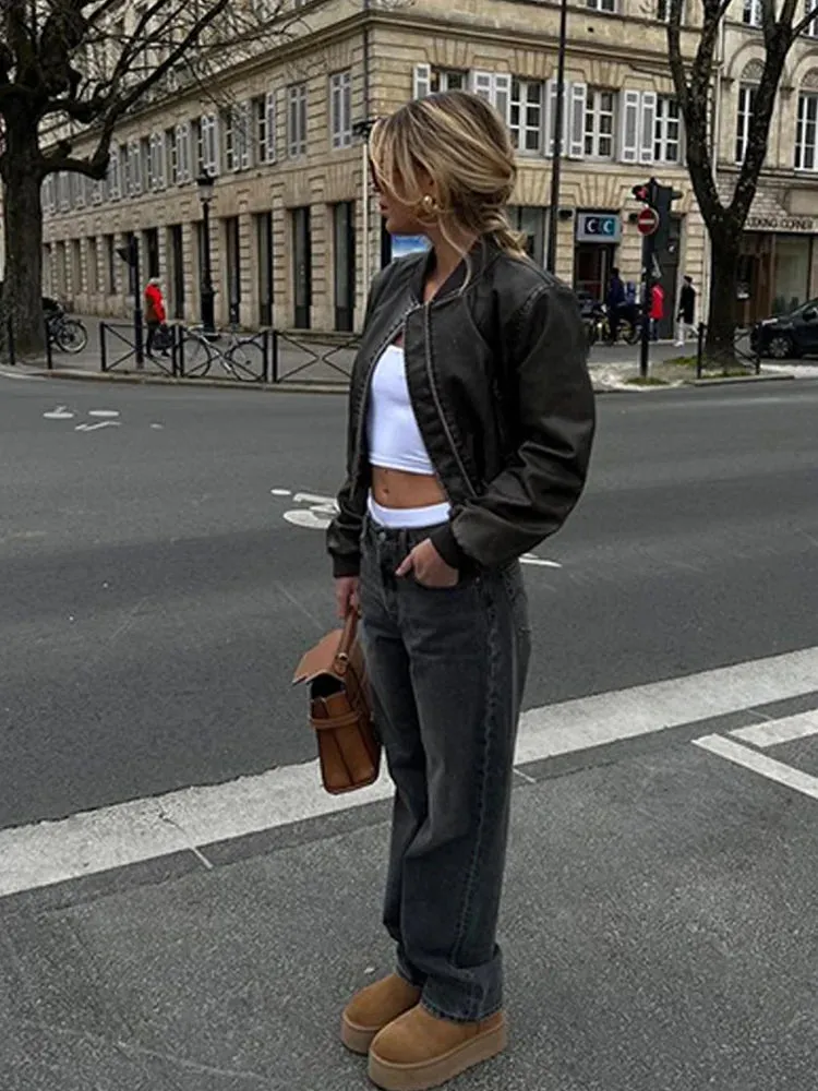 Women Leather Stand Collar Short Jackets Outerwear