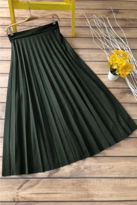 Women-s Khaki Pleated Long Skirt