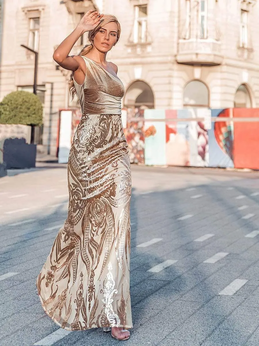 Women's One Shoulder Velvet and Sequin Print Mermaid Formal Dress