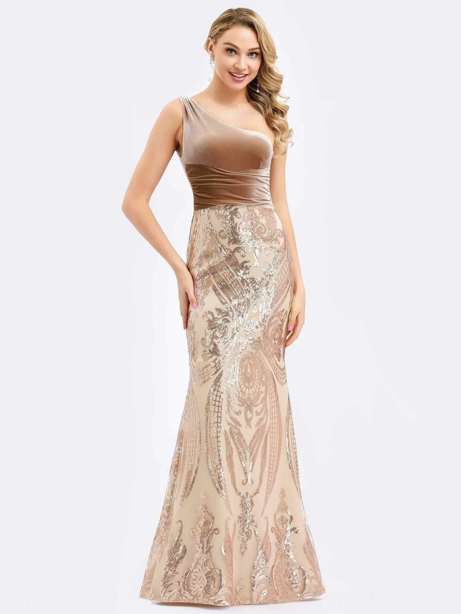 Women's One Shoulder Velvet and Sequin Print Mermaid Formal Dress