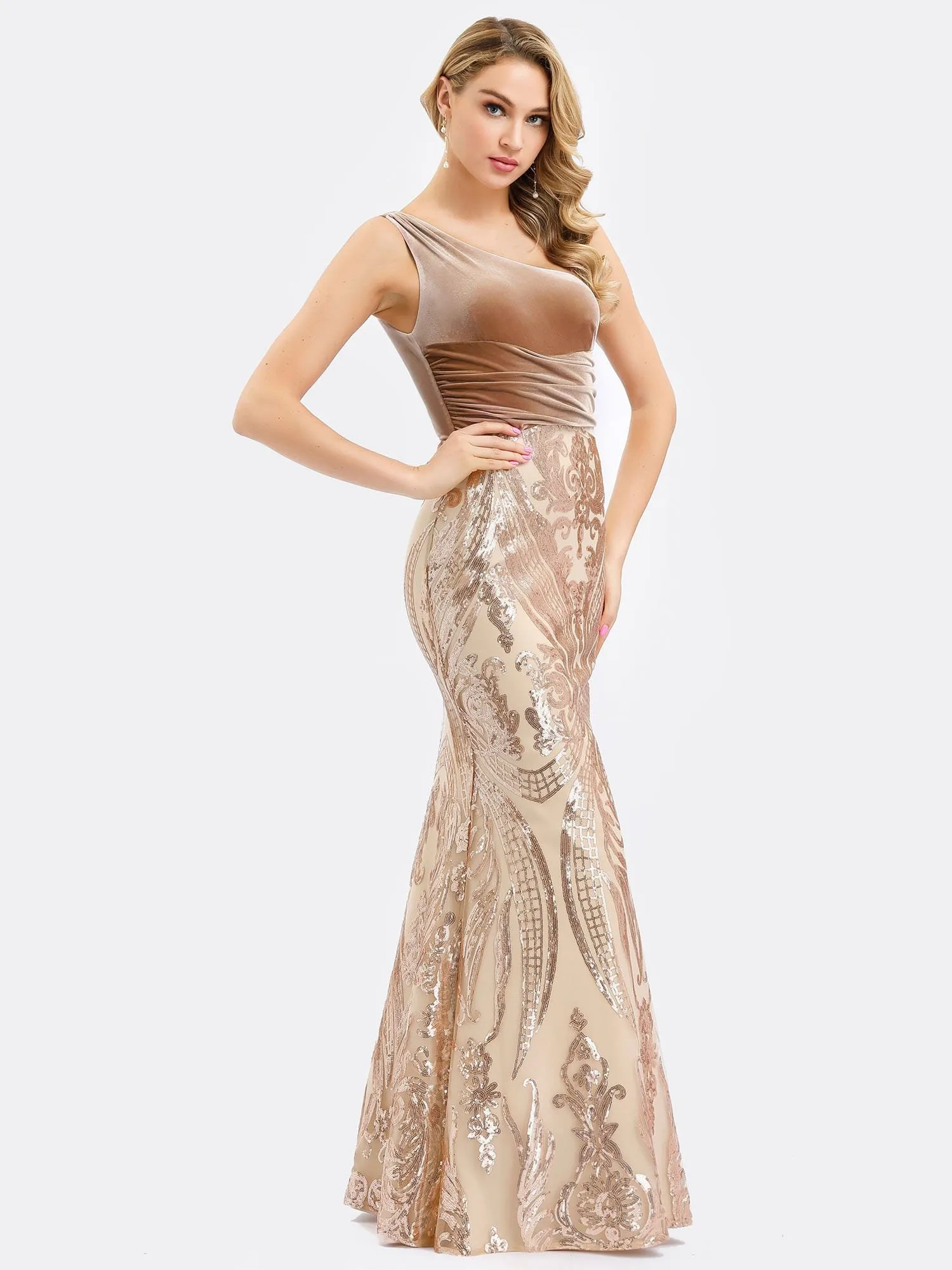 Women's One Shoulder Velvet and Sequin Print Mermaid Formal Dress