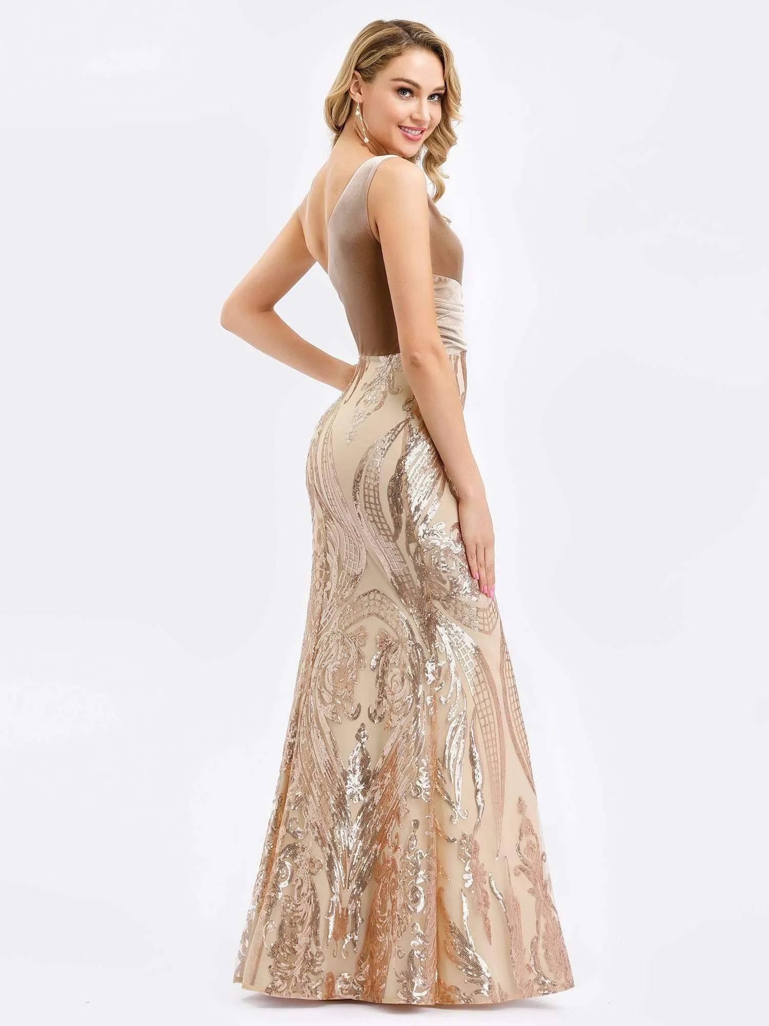 Women's One Shoulder Velvet and Sequin Print Mermaid Formal Dress