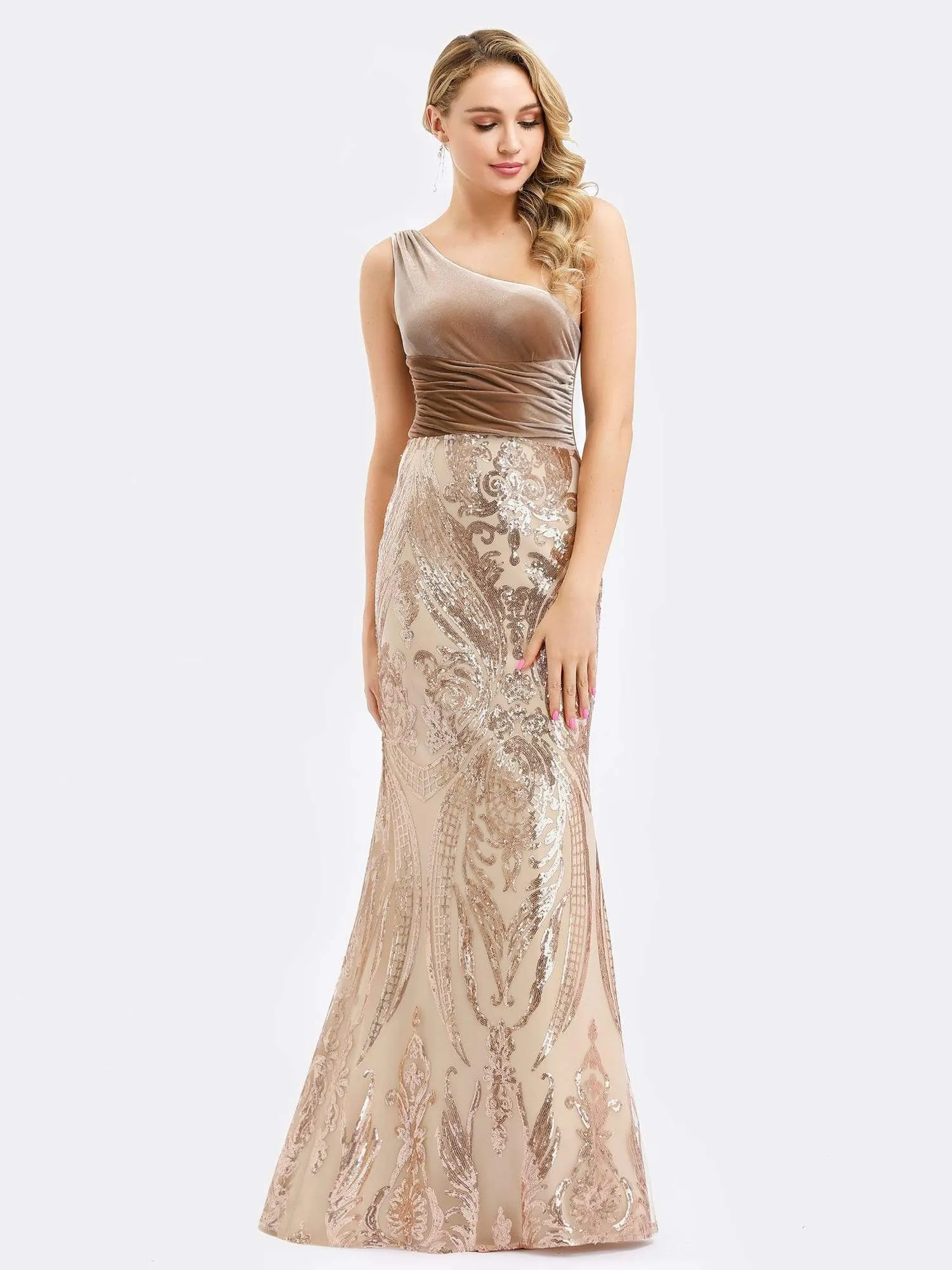 Women's One Shoulder Velvet and Sequin Print Mermaid Formal Dress