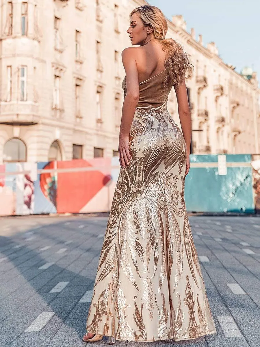 Women's One Shoulder Velvet and Sequin Print Mermaid Formal Dress