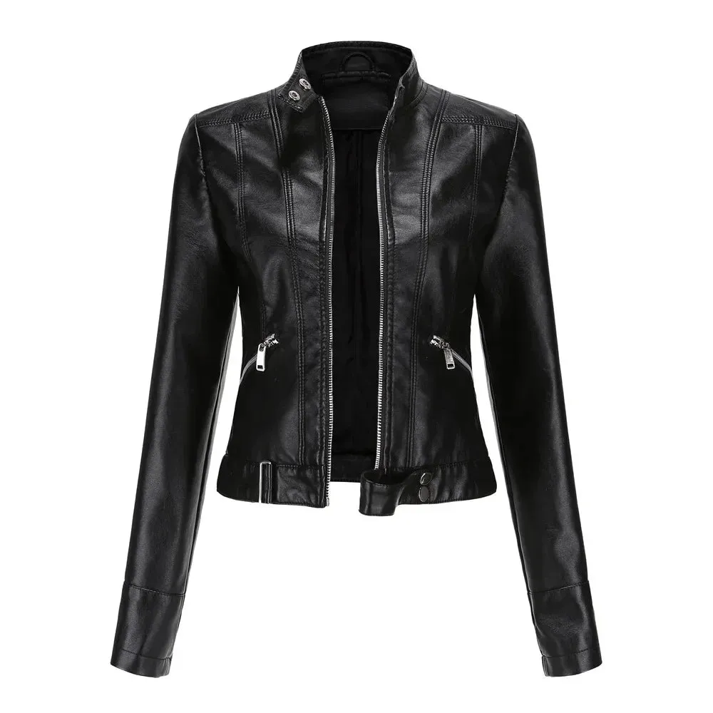 Women's Short Faux Leather Motorcycle Jacket with Belt