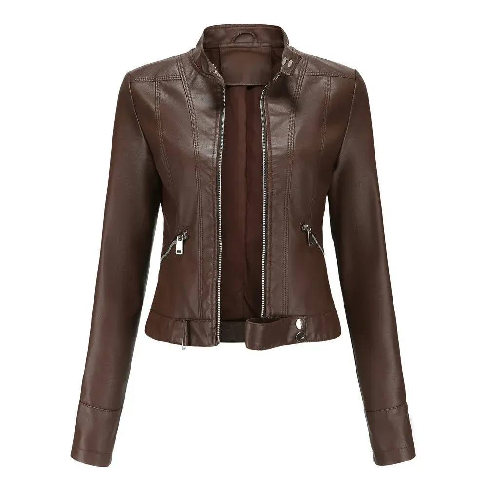 Women's Short Faux Leather Motorcycle Jacket with Belt