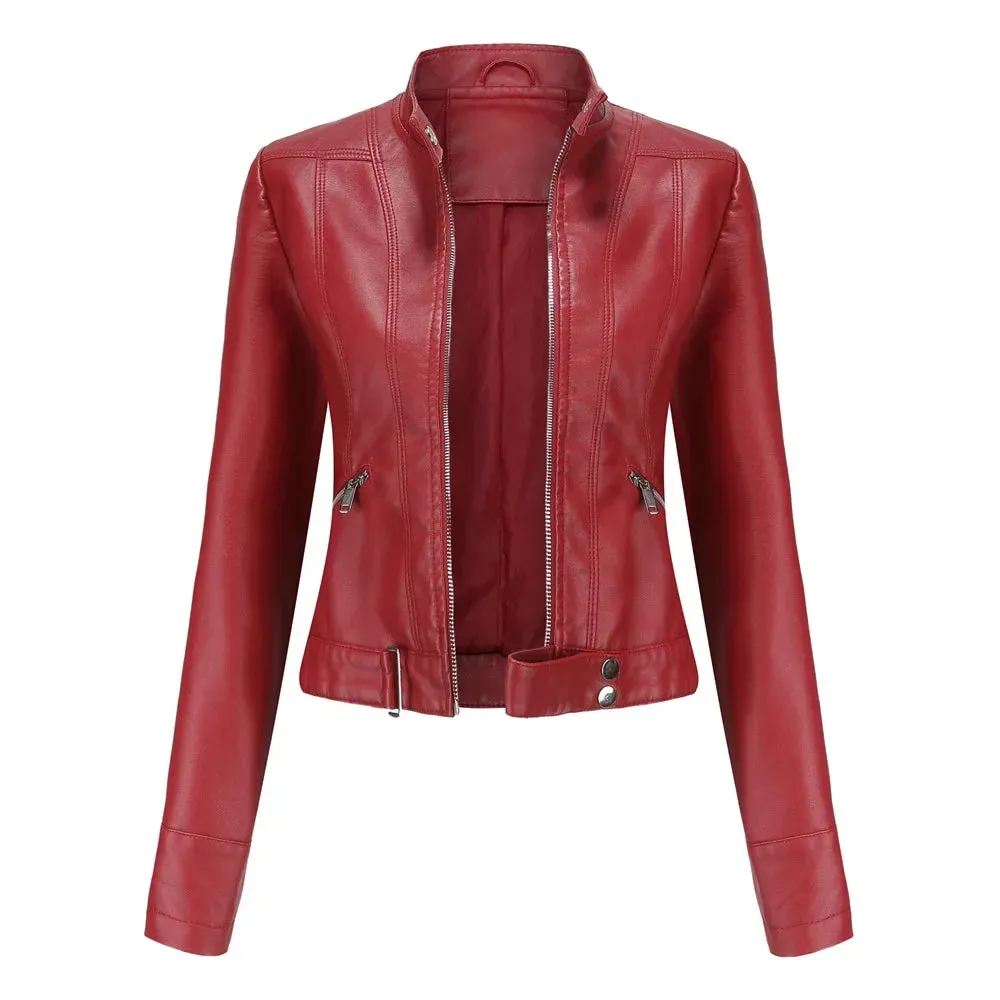Women's Short Faux Leather Motorcycle Jacket with Belt