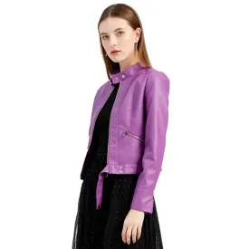 Women's Short Faux Leather Motorcycle Jacket with Belt